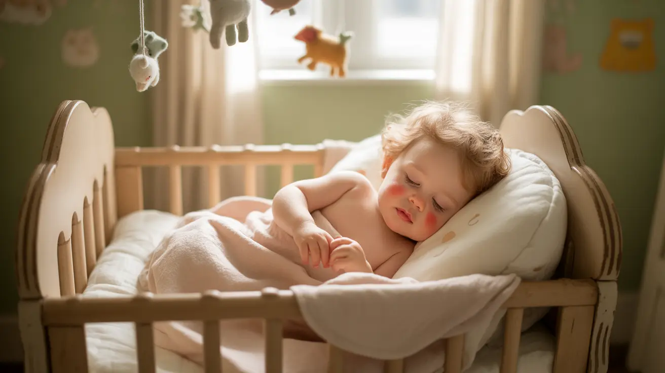 Illustration of toddler sleeping peacefully in a crib without a pillow, depicting a safe nursery environment.