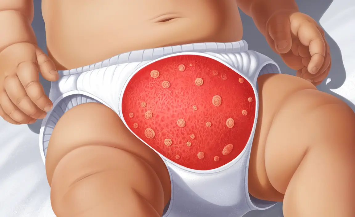 Close-up illustration of a toddler's diaper area with a bright red rash and satellite lesions, highlighting yeast infection characteristics under clear lighting for educational purposes.