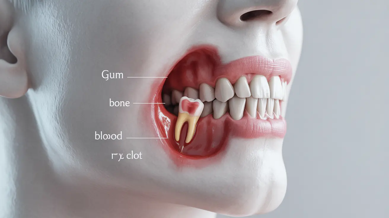 Illustration of tooth extraction site with blood clot, labeled parts like gum and bone on white background