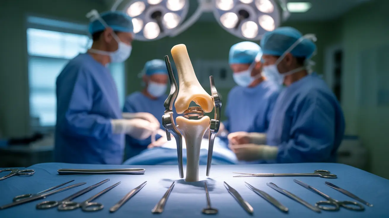 Detailed illustration of knee replacement surgery, showing open knee joint with incision and artificial components in a clinical setting