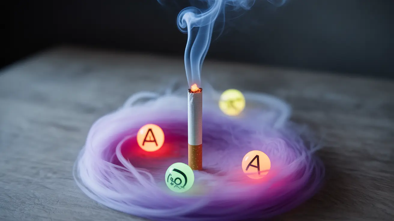 Abstract concept with swirling toxic chemicals around a lit cigarette, glowing chemical symbols in vibrant colors on a dark background