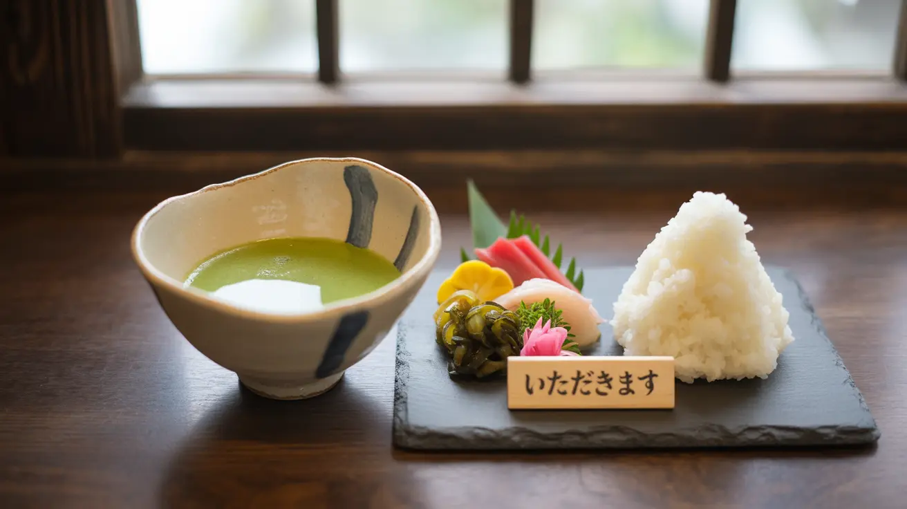 Close-up shot of a beautifully arranged traditional Japanese meal featuring fresh vegetables, fermented foods, fish, rice, and green tea in a bright modern kitchen