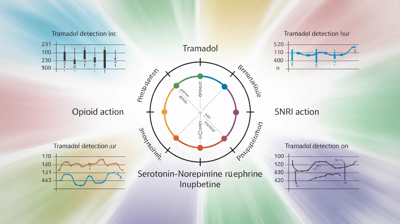 Infographic showing tramadol's dual-action mechanism as an opioid and SNRI, with detection timeframes in urine, blood, saliva, and hair, using bright clinical colors.