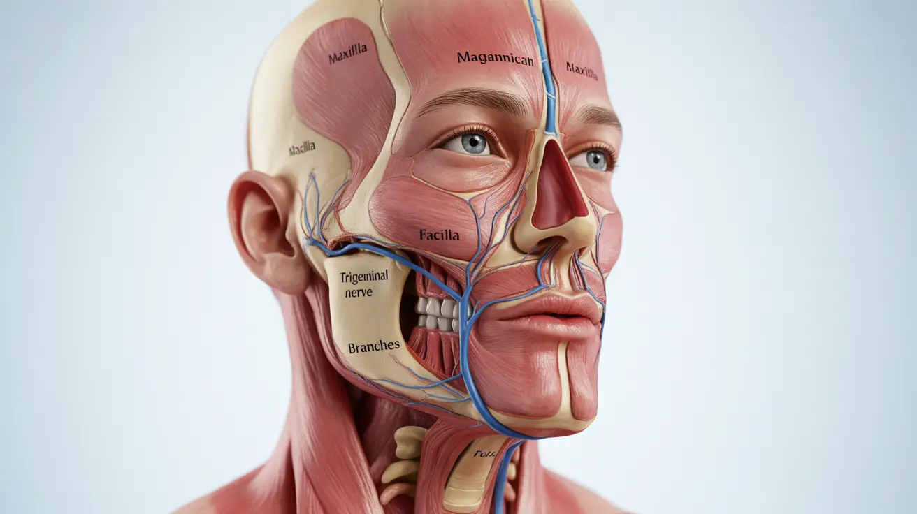Detailed anatomical illustration showing the trigeminal nerve's pathway within the face, labeled with related structures, clean white background.