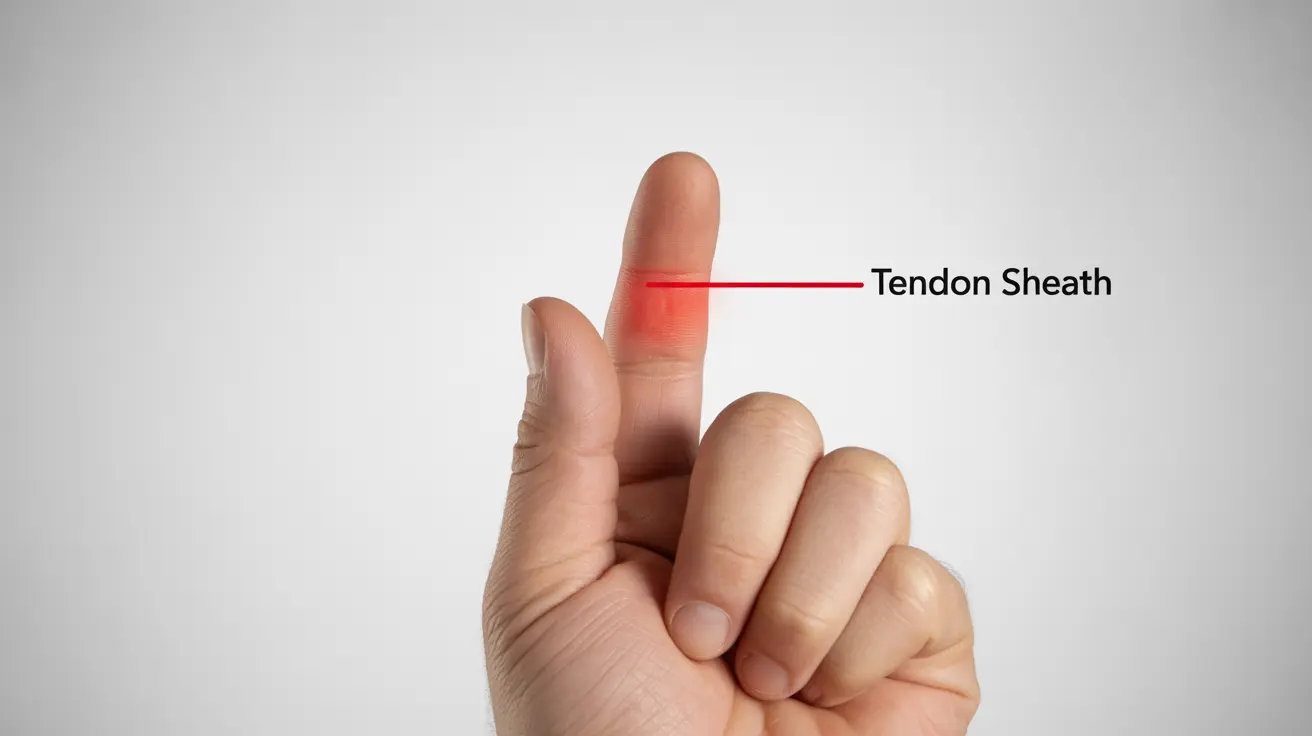 Close-up illustration showing human finger tendon sheath inflammation causing trigger finger on a white background with labeled sections