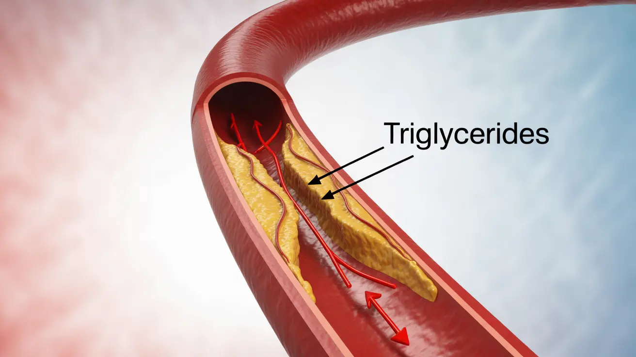 Detailed illustration of triglyceride accumulation in blood vessels, medical diagram with labels showing buildup, clear educational style
