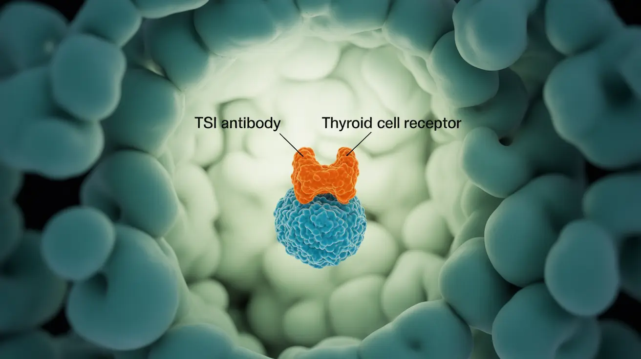 Illustration of TSI antibody binding to thyroid cell receptor, stimulating hormone production, set against blue and green scientific background