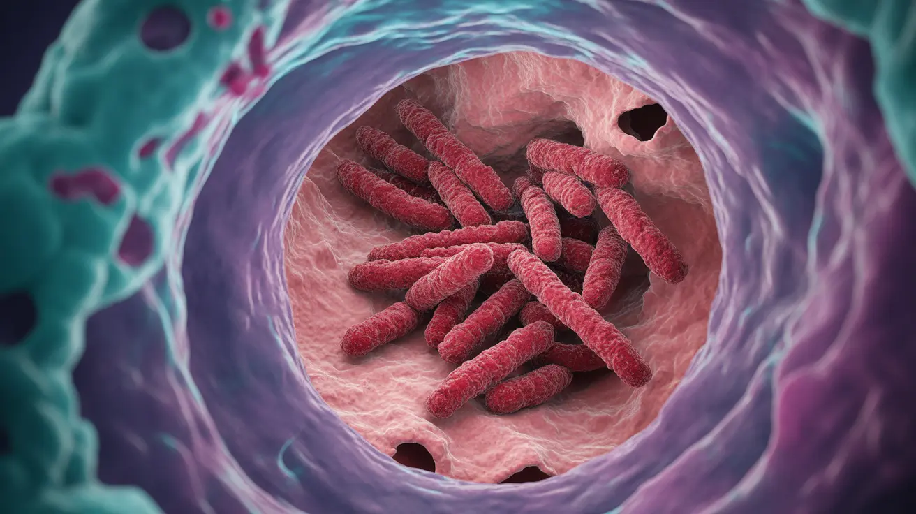 Illustration of tuberculosis bacteria interacting with lung tissue, highlighting aggressive spread and damage in a clinical setting.