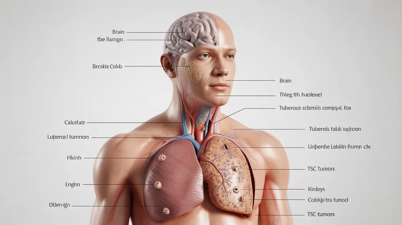 Detailed illustration of the human body showing benign tumors in brain, skin, heart, lungs, and kidneys due to Tuberous Sclerosis Complex