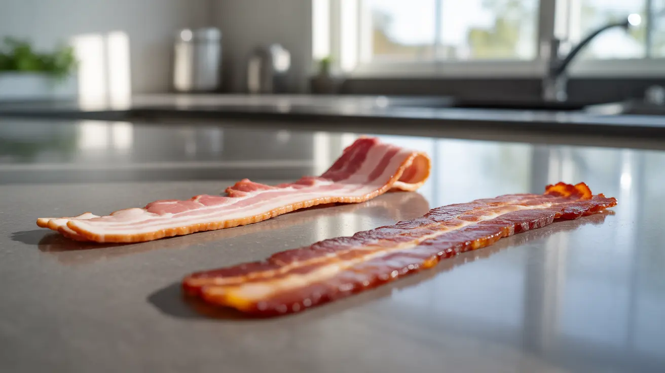 Close-up of turkey bacon and pork bacon side by side on a kitchen counter, showcasing their texture and appearance in bright daylight.