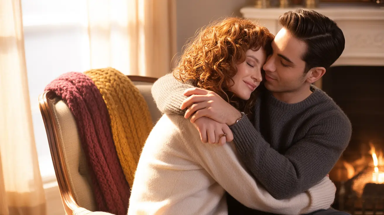 Two people engaging in a warm hug in a cozy living room, conveying feelings of connection and comfort