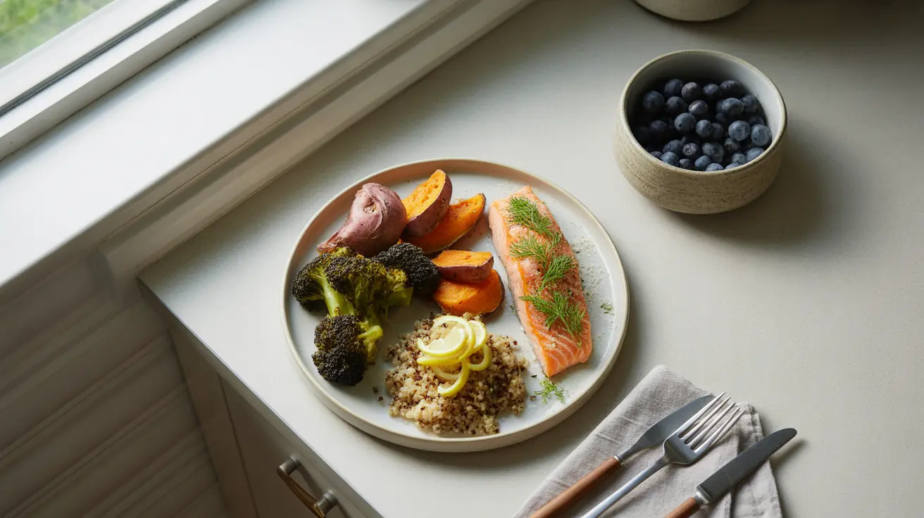 Overhead view of a balanced plate with non-starchy vegetables, lean protein, complex carbohydrates, and healthy fats in bright natural daylight.