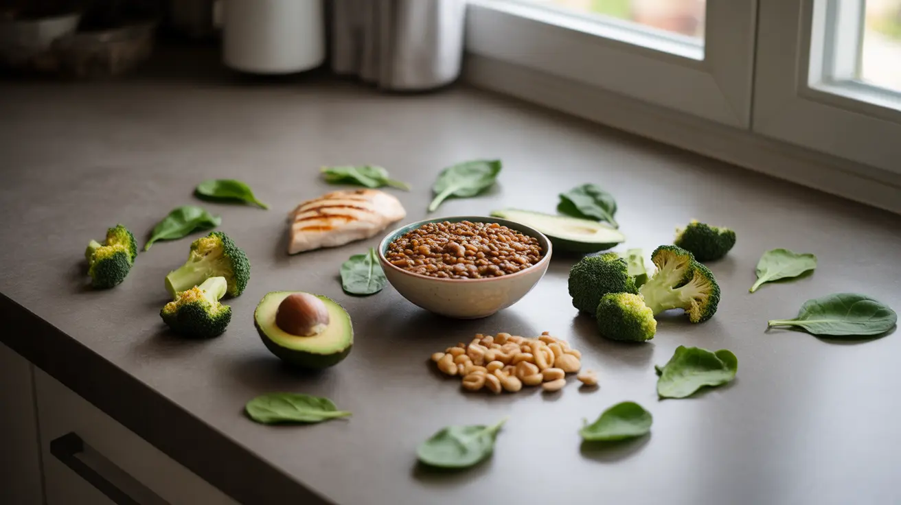 Colorful selection of non-starchy vegetables, lean proteins, healthy fats, and complex carbohydrates on a kitchen countertop with natural daylight
