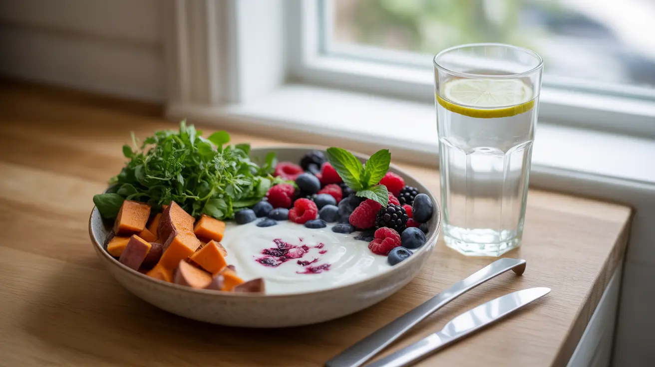 Healthy meal with yogurt, berries, leafy greens, sweet potatoes, and water in a bright kitchen