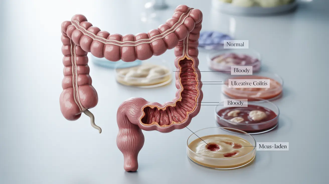 Detailed illustration of human large intestine with ulcerative colitis-related inflammation, various stool appearances, clinical labels on white background.