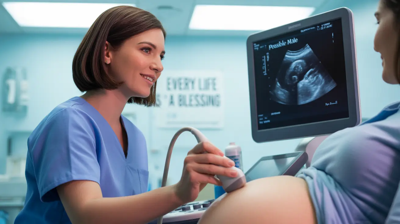 Detailed illustration of an ultrasound technician performing a gender determination scan with a clear image of a fetus on the screen in a bright clinical setting.