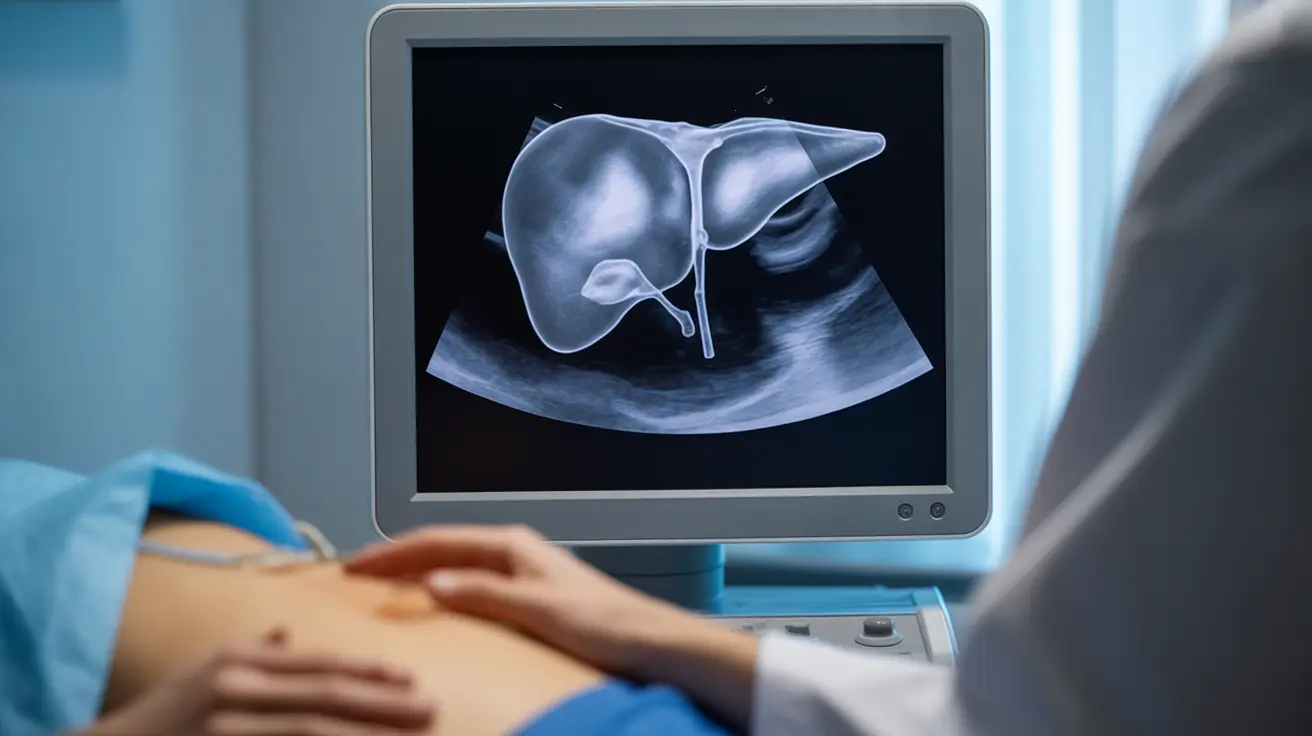 Detailed illustration, clinical setting, showing ultrasound imaging on a patient's liver with sound waves interacting, bright lighting.
