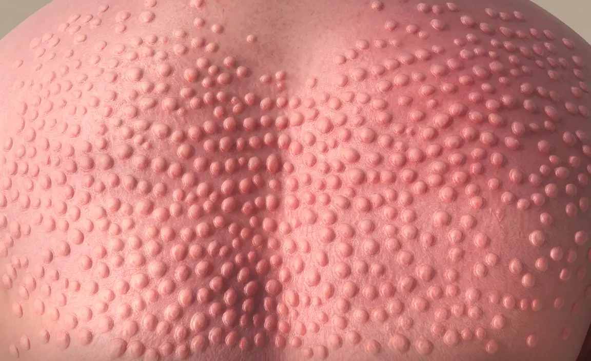 Detailed illustration, close-up of human skin with raised welts representing hives, neutral background, informative clinical style