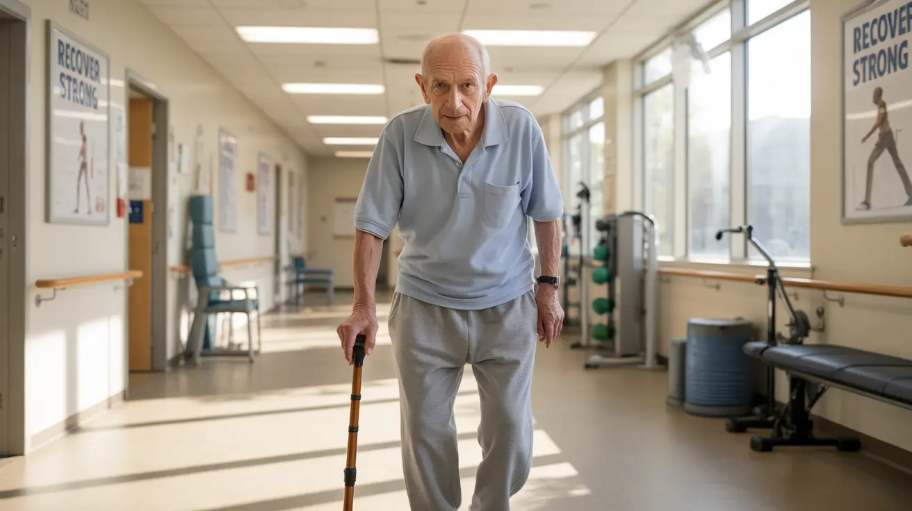 Person with unsteady gait using a cane for balance in rehabilitation clinic, supportive setting