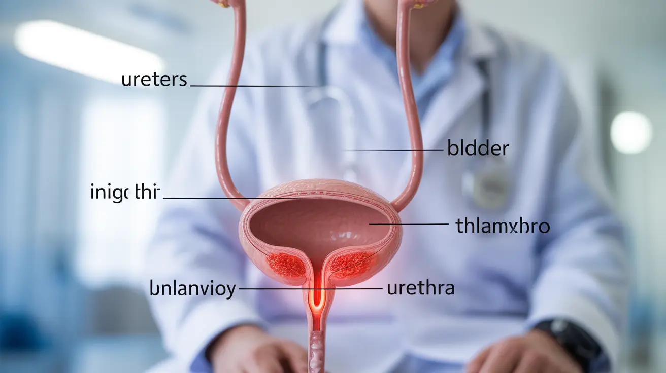 Detailed illustration of the human urinary tract system highlighting bladder and urethra, showing inflammation areas with labels, clinical schematic on white background