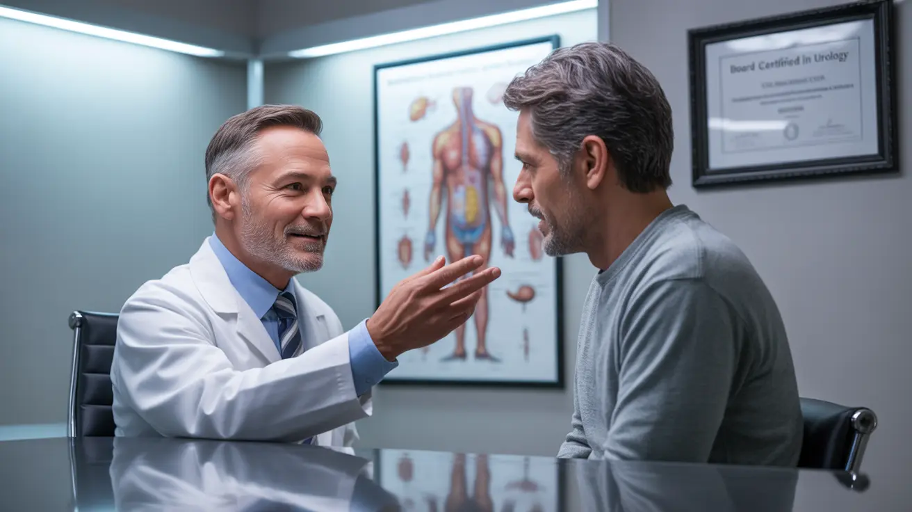 Urologist consulting with a patient in a modern clinical setting, medical diagrams on the walls, engaged discussion