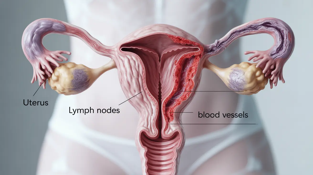 Cross-sectional illustration of pelvic region with enhanced uterus and labeled lymph node and blood vessel involvement