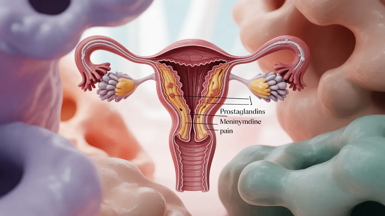 Detailed anatomical illustration of uterus showing muscle contractions influenced by prostaglandins, highlighted areas for menstrual pain in soft pastel colors