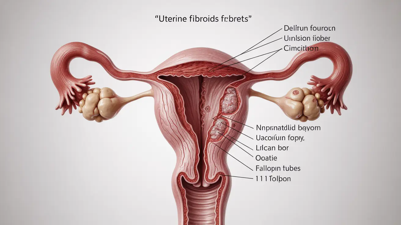 Detailed anatomical illustration showing the uterus with multiple uterine fibroids labeled, surrounded by reproductive organs on a clean white background