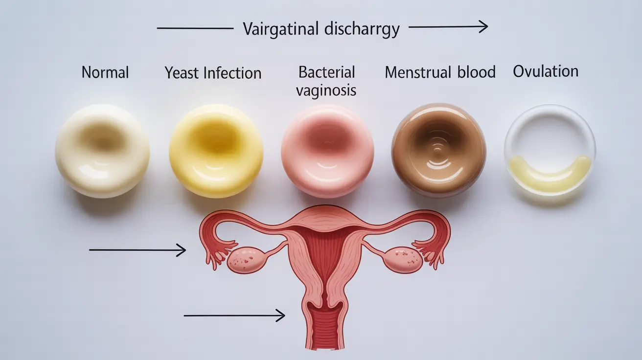 Detailed illustration, educational diagram showing various types of vaginal discharge, highlighting characteristics and colors throughout the menstrual cycle in a clinical style.