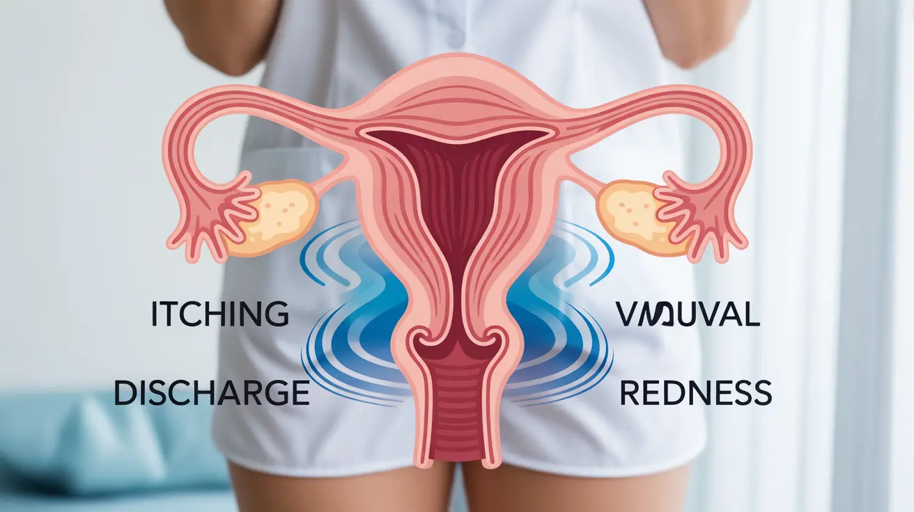 Illustration of real vaginal infection symptoms with labels, focusing on itching, discharge, and redness, emphasizing educational clarity.