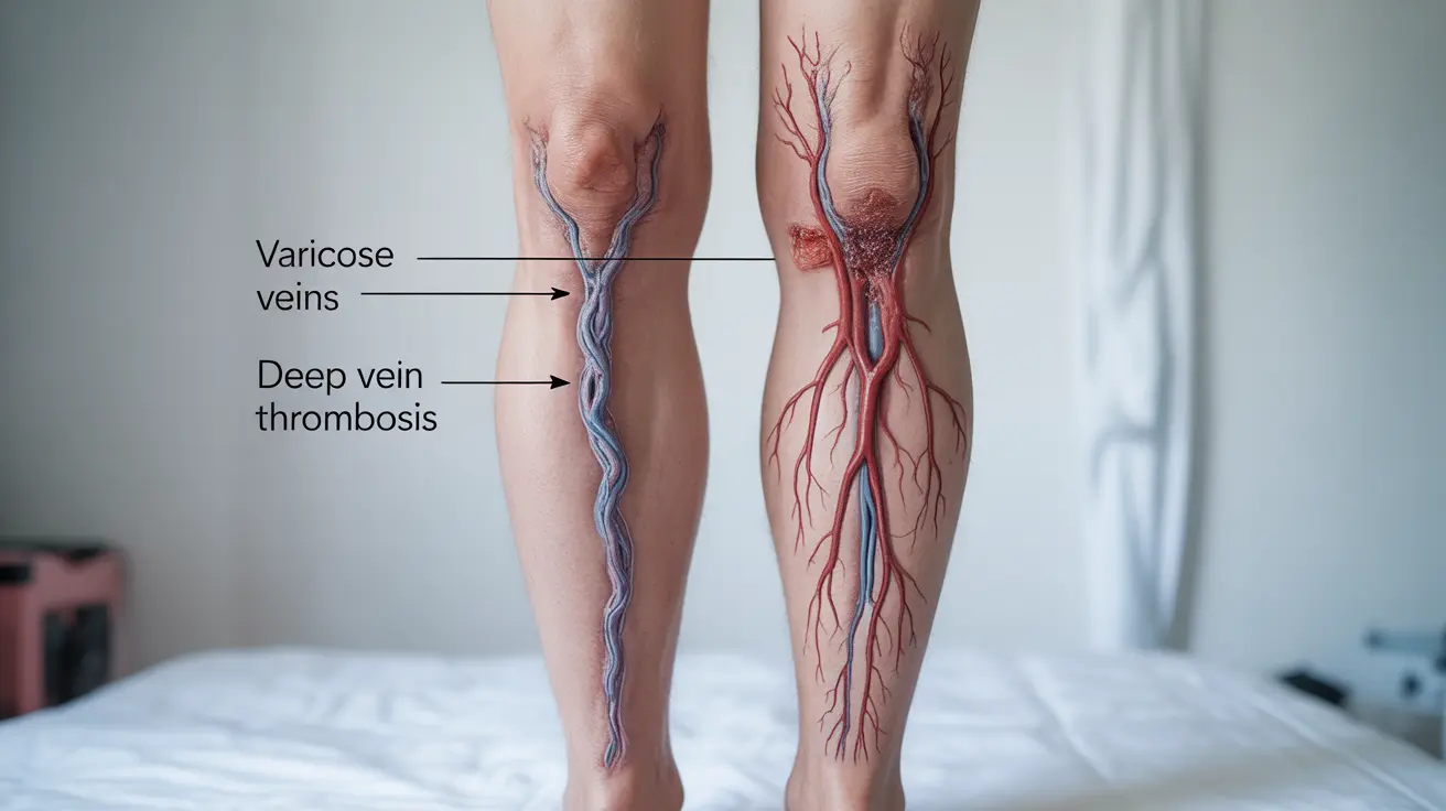 Detailed anatomical illustration comparing varicose veins and deep vein thrombosis, with clear labels showing the structures and symptoms of both conditions, set against a neutral background with bright illumination