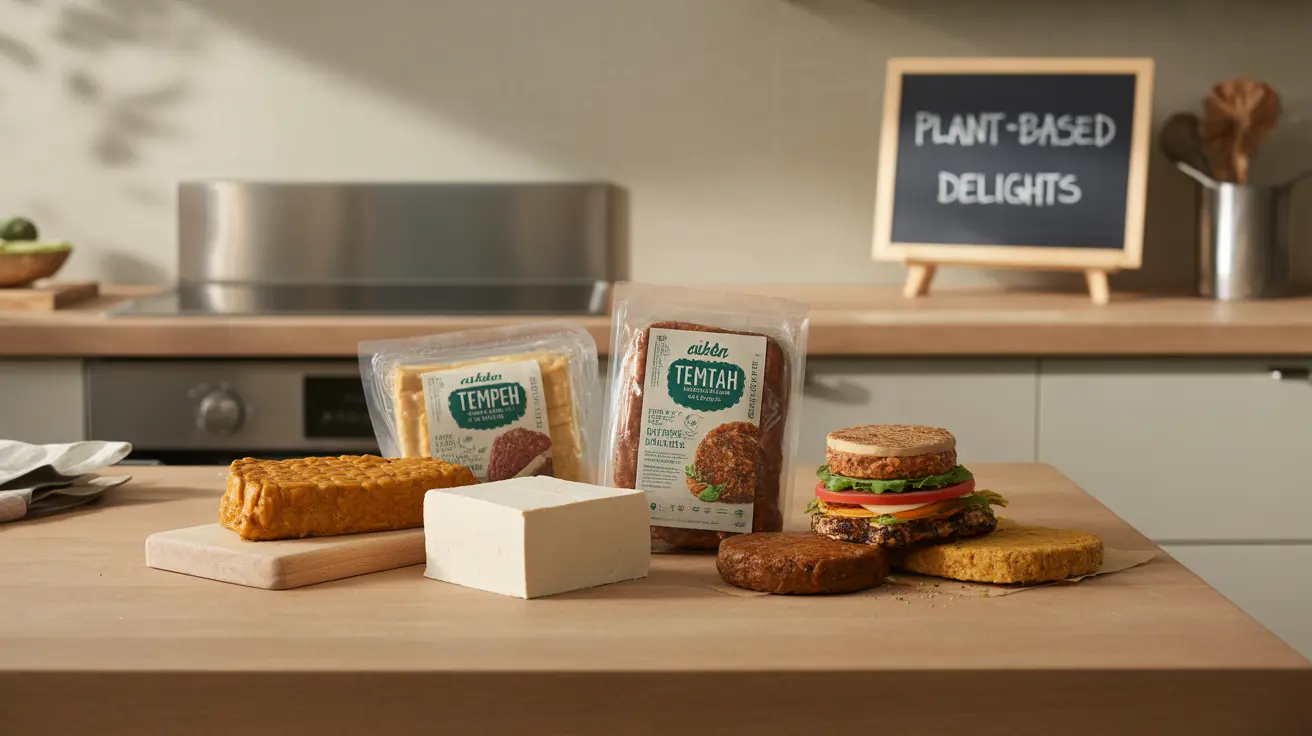 Assortment of vegan meat alternatives including tofu, tempeh, seitan, and plant-based burger patties on a kitchen counter, showing textures and colors.