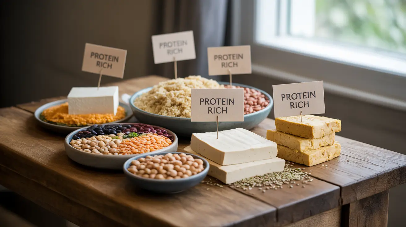 Colorful array of high-protein vegan foods like lentils, black beans, chickpeas, tofu, tempeh, quinoa, hemp seeds on a wooden table with protein content labels