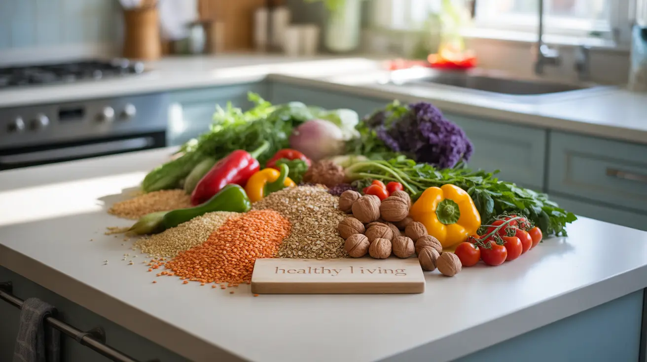 Detailed illustration of a bright kitchen countertop featuring a vibrant array of vegetarian food ingredients, including legumes, whole grains, nuts, and colorful vegetables.