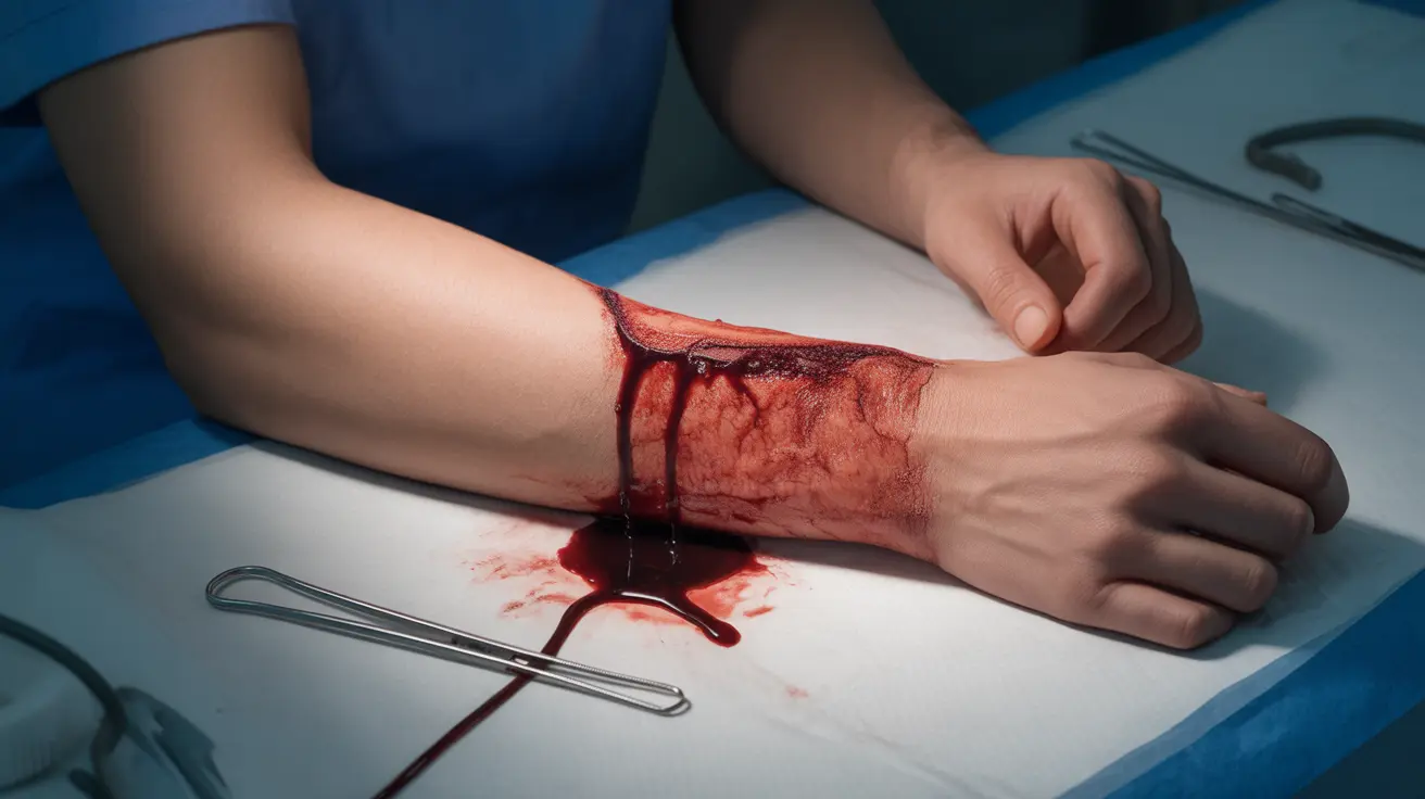 Detailed illustration of a deep cut on an arm with dark red, burgundy blood steadily flowing from the wound, set against a neutral clinical background