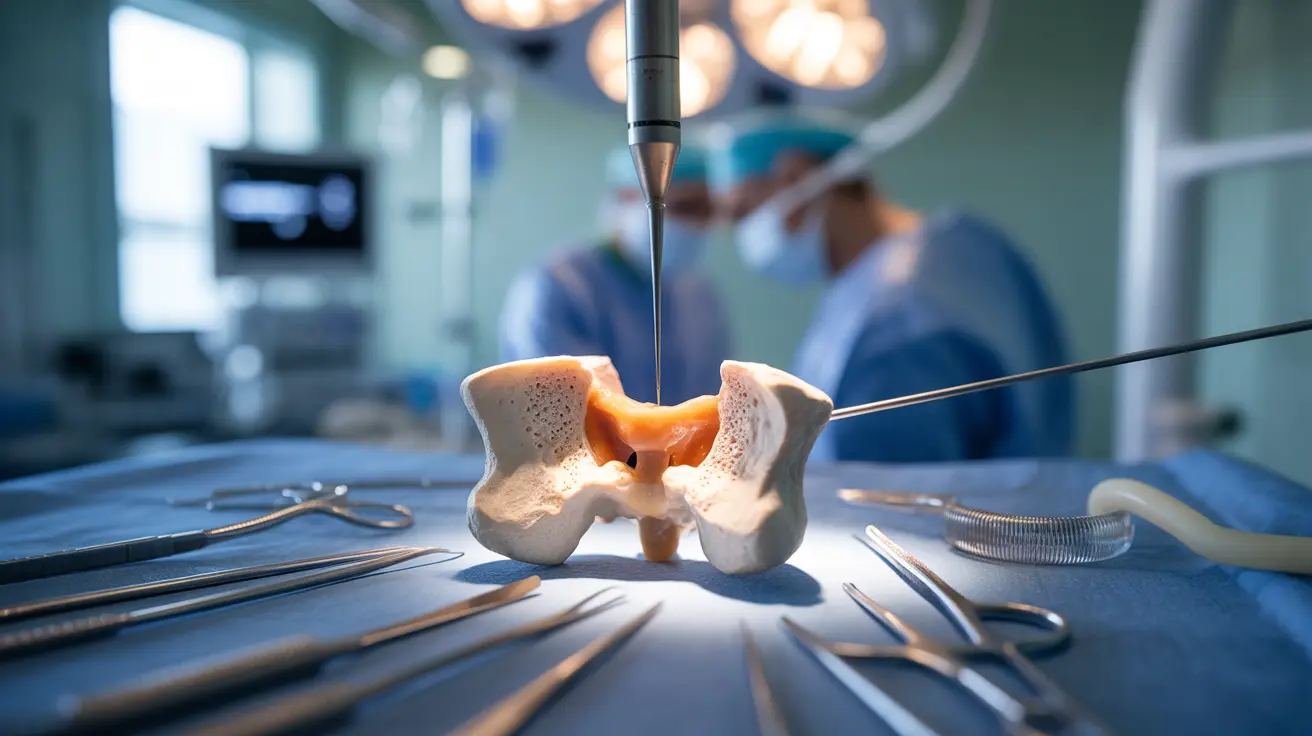 Detailed illustration of a vertebroplasty procedure showing bone cement injection into a fractured vertebra in a clinical setting with bright lighting.