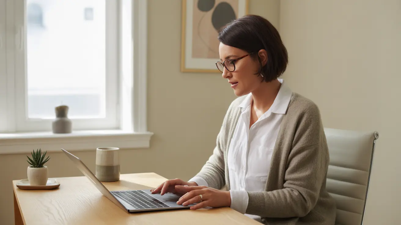 Person sitting at desk having virtual consultation on computer, attentive expression, professional mood