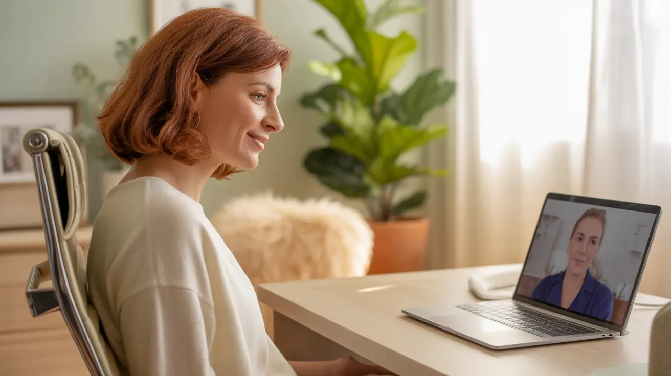 A person sitting comfortably at a desk with a laptop, smiling during a virtual therapy session in a tidy home office with plants.