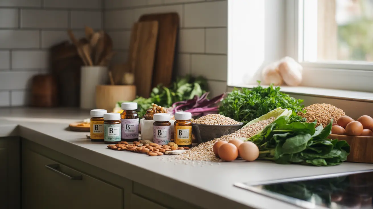 Detailed illustration of a kitchen counter filled with whole grains, leafy vegetables, eggs, nuts, and vitamin B complex supplements in bright natural lighting.
