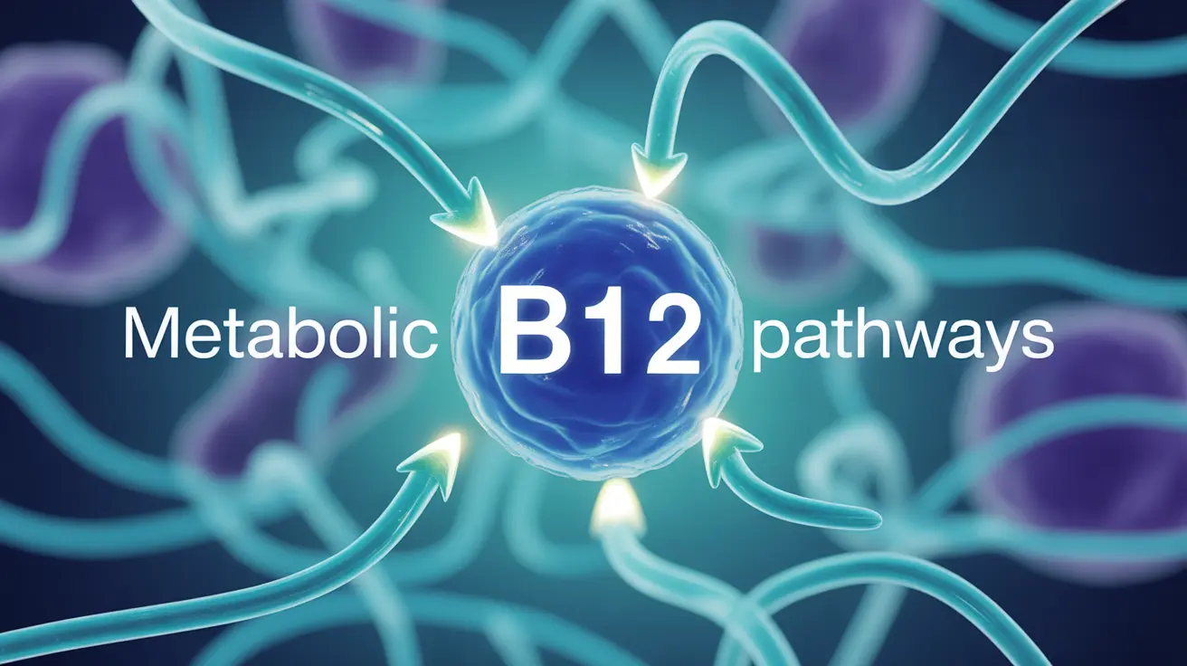 Illustration of Vitamin B12 molecule linked to metabolic pathways, abstract symbols, scientific mood