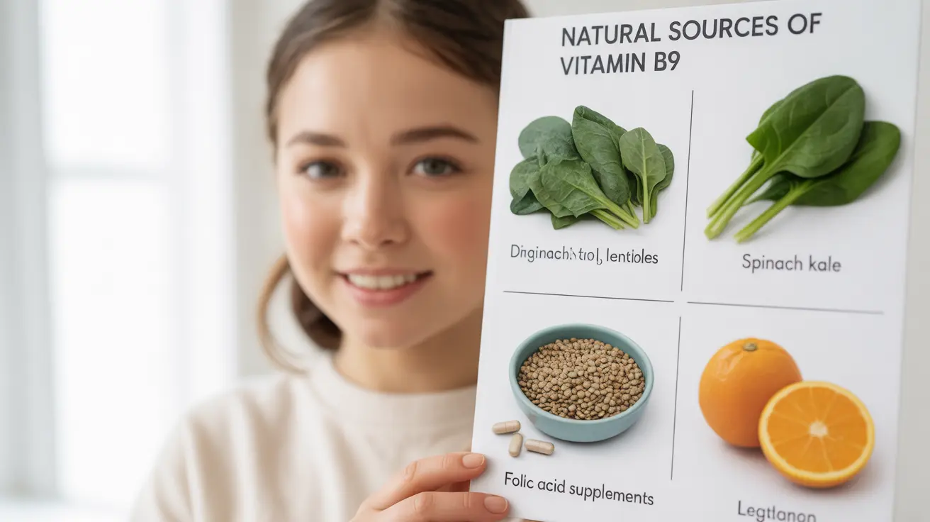 Infographic showing Vitamin B9 sources; includes leafy vegetables, legumes, citrus fruits, and folic acid supplements on white background