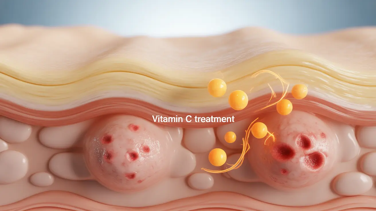 Detailed illustration of acne-prone skin with cross-section showing layers and Vitamin C molecules interacting, highlighting antioxidant effects.
