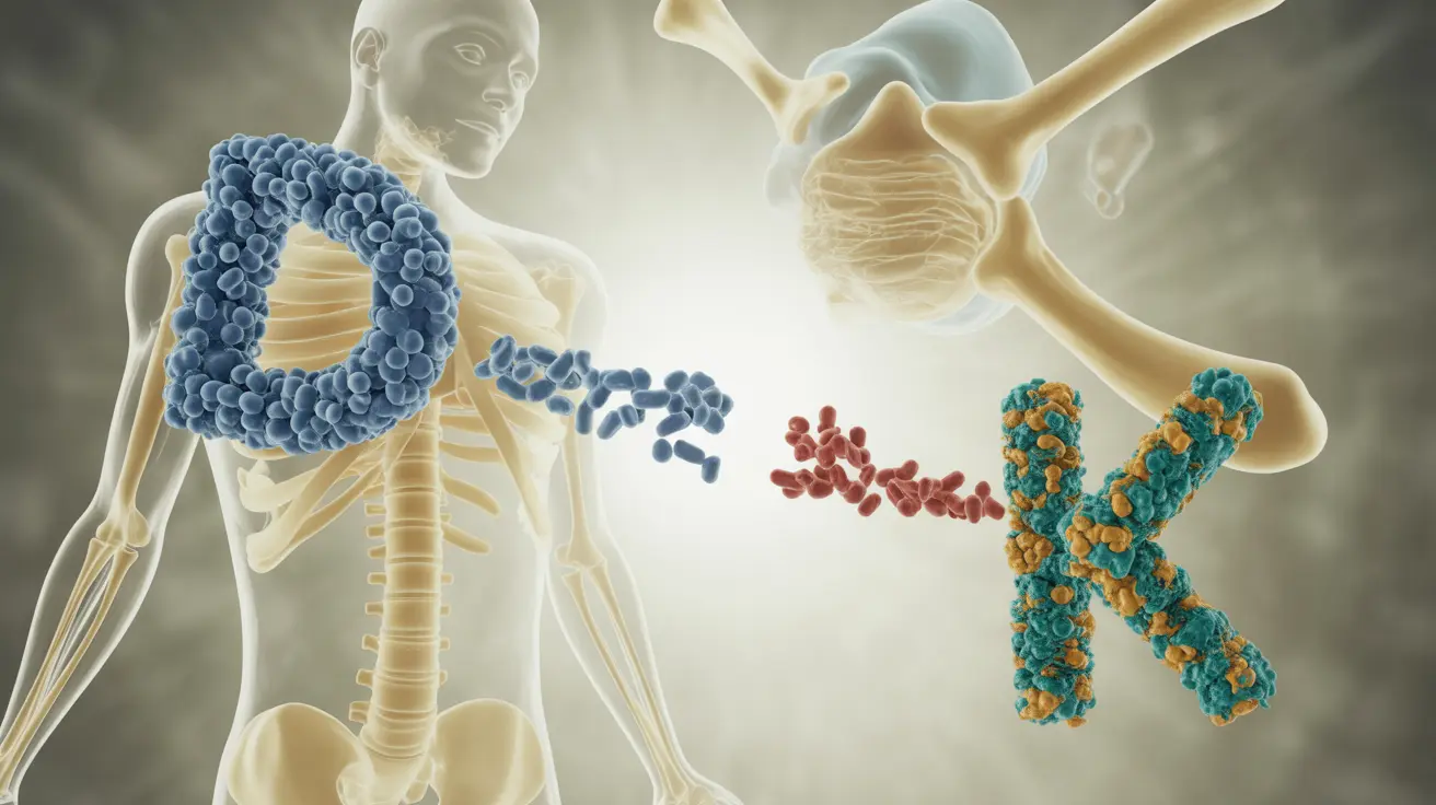 Detailed illustration depicting vitamins D and K interaction; vitamin D aids calcium absorption, vitamin K directs calcium to bones, abstract background with bones and blood vessels