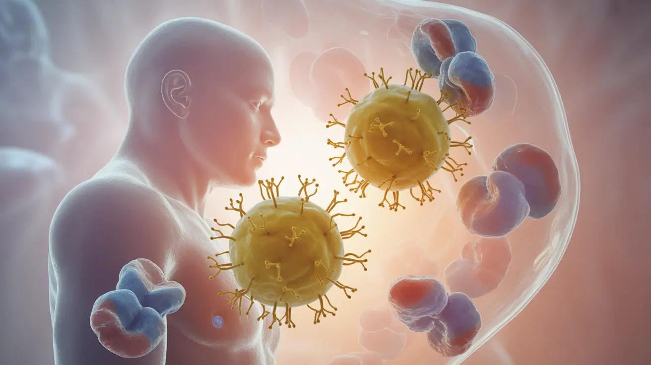 Detailed illustration of Vitamin D molecules interacting with immune cells within a stylized representation of the human body, showcasing the benefits of Vitamin D in modulating immune response and inflammation.