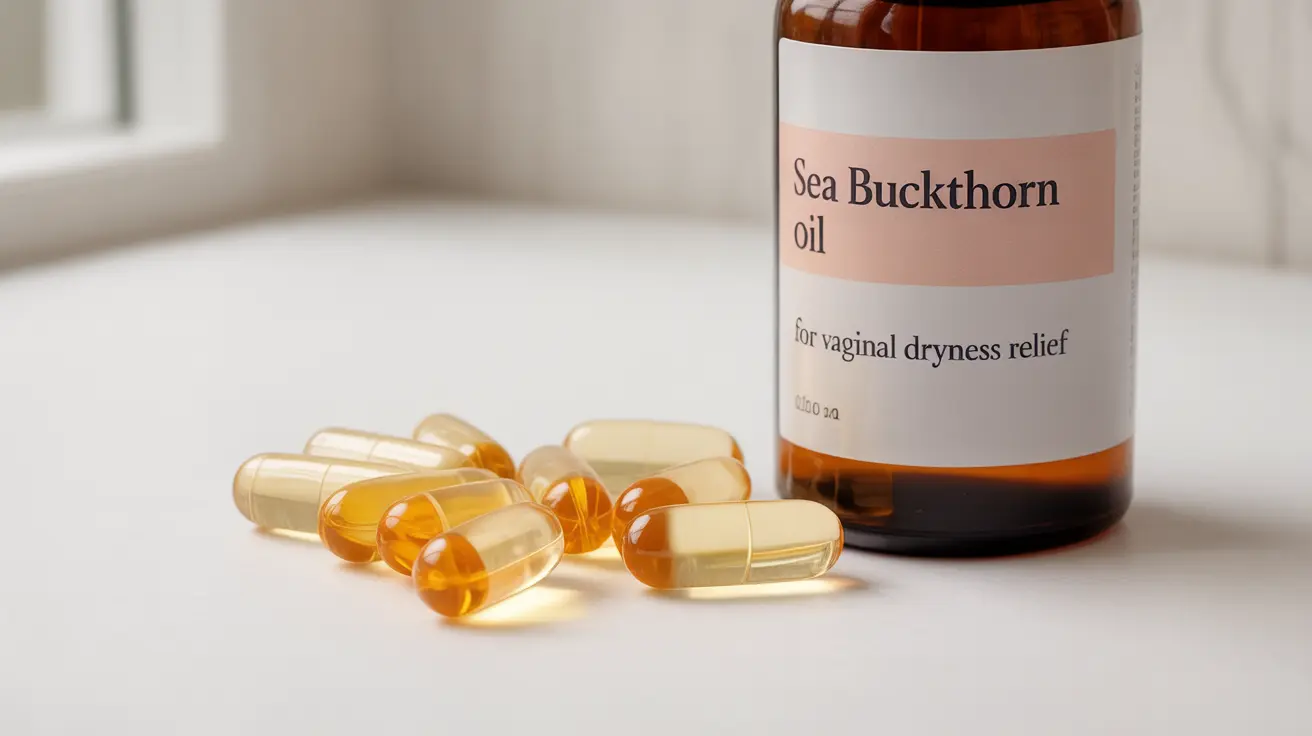 Illustration with vitamin E capsules and sea buckthorn oil on white background, highlighting benefits for vaginal dryness.