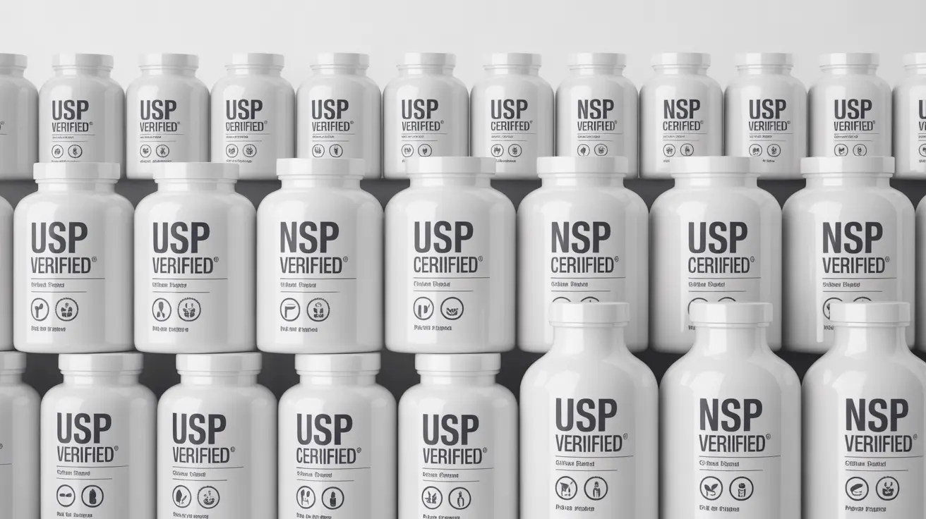 Infographic with vitamin supplement bottles labeled with USP, NSF, Clean Label certifications on a neutral background