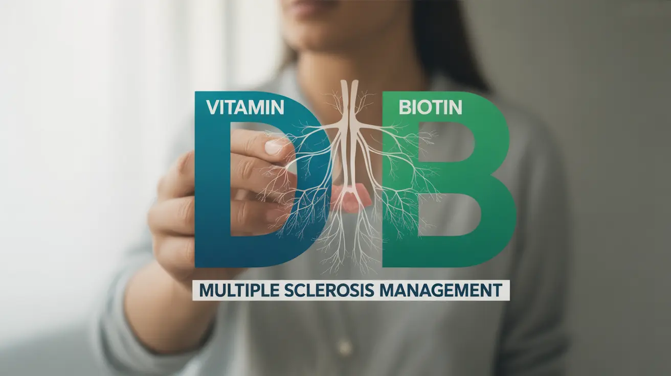 Infographic of vitamin D and Biotin symbols with effects on MS management, blue and green tones, educational layout