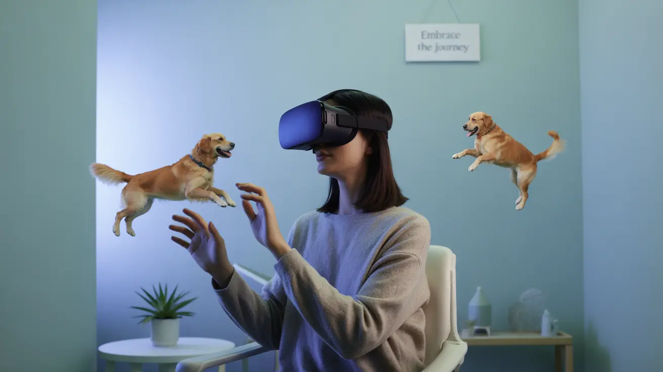 Person in clinical therapy room using VR headset, interacting with virtual dogs in a calming setting
