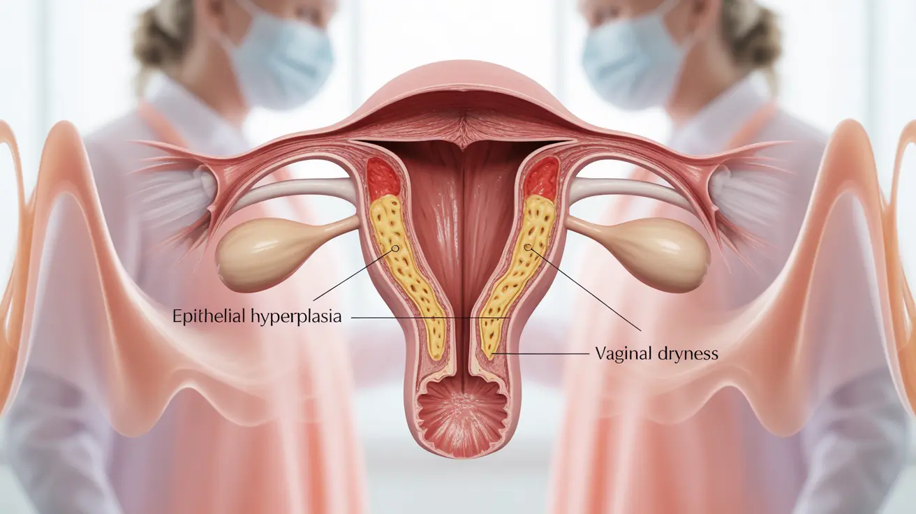 Illustration of vulva and vagina in medical context, highlighting inflamed areas with labels, against a clinical abstract background
