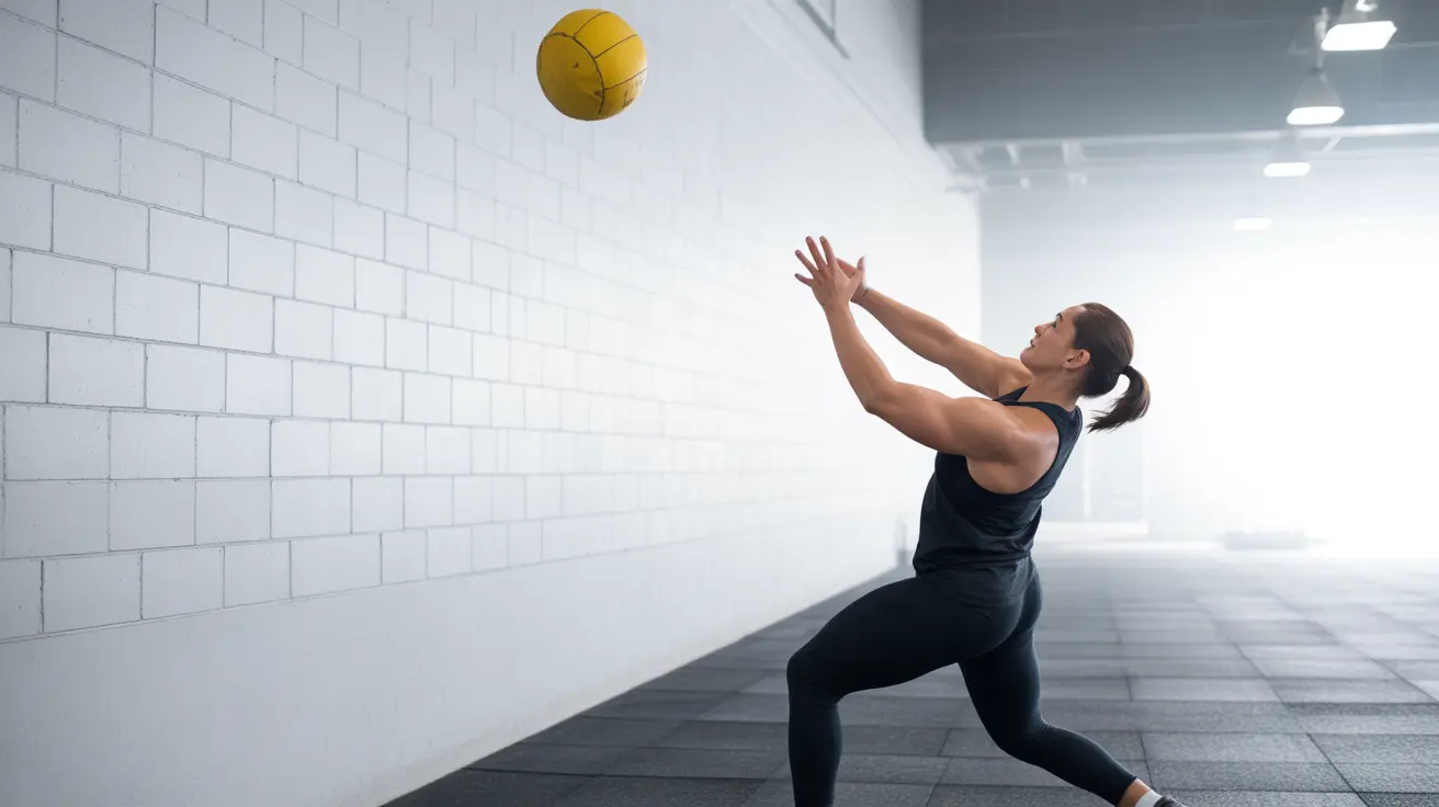 Athletic individual mid-exercise performing a wall ball throw against a wall in a bright gym, showcasing proper squat position and ball trajectory.